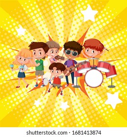 Happy children playing different instruments in the band illustration