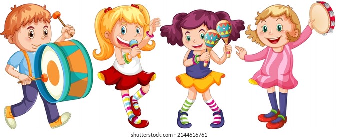 Happy children playing different instruments illustration