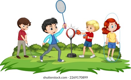 Happy children playing different sports illustration