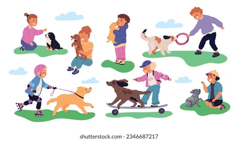 Happy children playing with dogs vector flat illustration isolated white background. Set of kids hugging dogs, have fun and enjoy. Love between pet and child,  spending time together