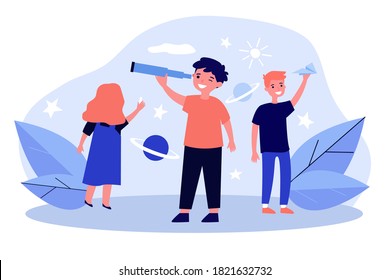 Niños felices jugando y explorando el universo. Telescopio, diversión, ilustración de vector planetario. Concepto de juego de educación y estudio para banner, diseño de sitios web o página web de aterrizaje