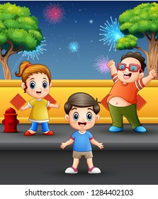 Happy children playing with firework landscape in the sky