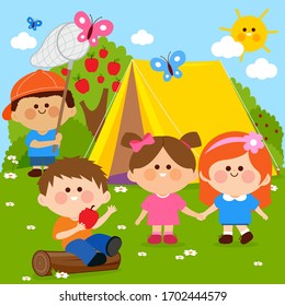 Happy children playing in a forest camping site. Vector illustration