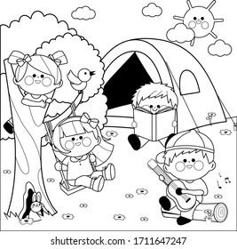 Happy children playing in a forest camping site. Vector black and white coloring page.