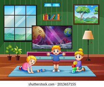 Happy children playing in front of the tv
