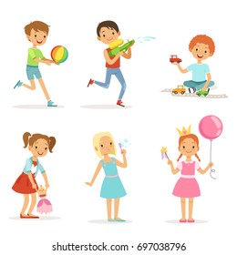 Happy children playing with funny toys on playground. Vector illustrations isolated