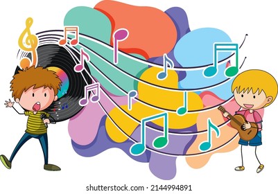 Happy children playing guitar and sing with music notes on white background illustration