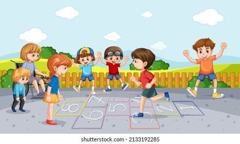 Happy children playing hopscotch on playground illustration