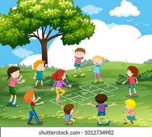 Happy children playing hopscotch in park illustration