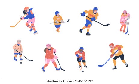 Happy children playing ice hockey. Collection of young male and female players. Isolated flat vector illustration. Winter sport characters clipart.