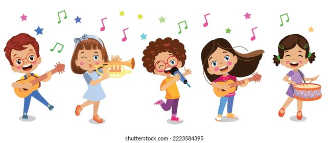 happy children playing instruments and singing