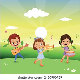 happy children playing instruments and singing