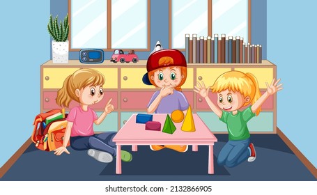 Happy children playing jigsaw on kid room illustration