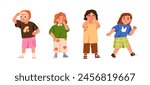 Happy children playing. Joyful funny active kids set. Cute playful preschool boys and girls running, looking, seeking, laughing, having fun. Flat vector illustrations isolated on white background