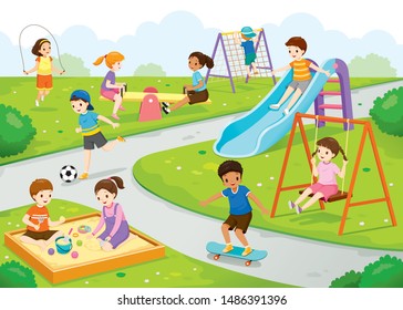 Happy Children Playing Joyfully On The Playground, Healthy, Exercise, Sport, Activity, Body, Vacations, Holiday