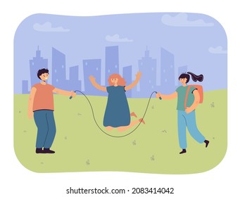 Happy Children Playing With Jump Rope Outside Together. Girl Jumping Over Skipping Rope Flat Vector Illustration. Childhood, Friendship, Leisure Concept For Banner, Website Design Or Landing Web Page