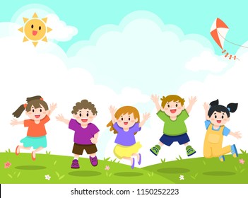 Happy Children Playing, Jumping at Outdoor, Park, Garden