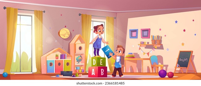 Happy children playing in kindergarten. Vector cartoon illustration of little boy and girl characters building cube tower together, large nursery school playroom with furniture, toys, education space