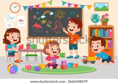 Happy Children Playing and Learning in Classroom with Blackboard and Toys Illustration