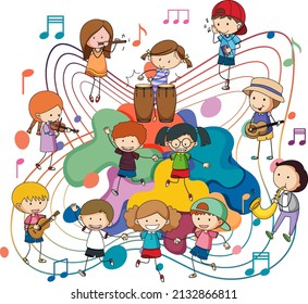 Happy children playing musical instruments with music notes on white background illustration