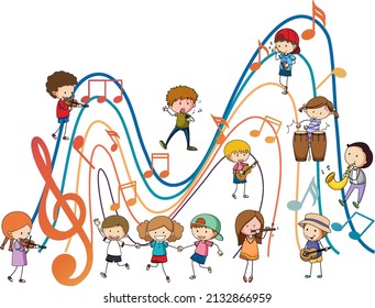 Happy children playing musical instruments with music notes on white background illustration