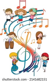 Happy children playing musical instruments with music notes on white background illustration