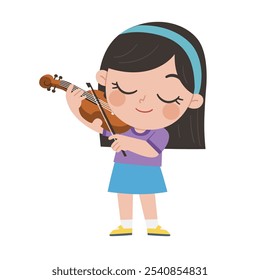 Crianças felizes tocando instrumentos musicais com um violino um estilo de desenho animado alegre. Uma garotinha tocando violino. Conceito de Educação Musical, Estudante da Escola de Arte Inspiração. 