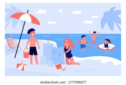 Happy Children Playing On Beach Isolated Flat Vector Illustration. Cartoon Kids Swimming In Sea Water And Building Sand Castle. Summer, Vacation And Childhood Concept