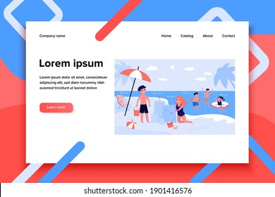 Happy children playing on beach isolated flat vector illustration. Cartoon kids swimming in sea water and building sand castle. Summer, vacation and childhood concept