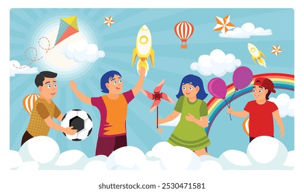 Happy children playing on the clouds. Colorful children's day celebration. Children's Day concept. Flat vector illustration.
