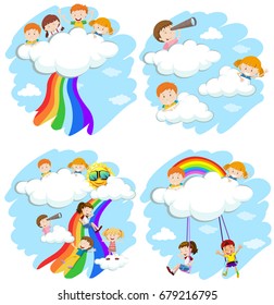 Happy children playing on the clouds and rainbow illustration