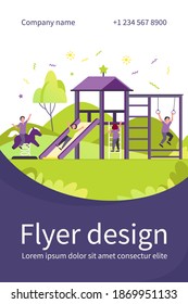 Happy children playing on playground with friends isolated flat vector illustration. Playful kids having fun, laughing and enjoying life. Childhood, playtime and summer activity concept