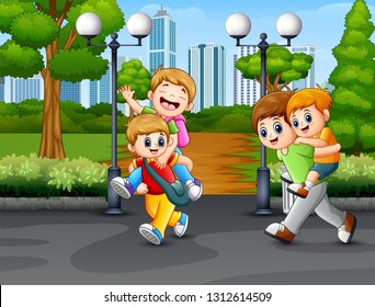 Happy children playing on the road