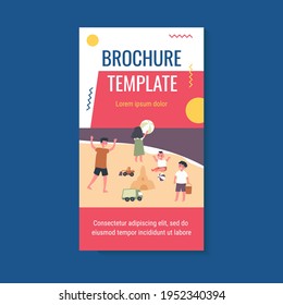 Happy children playing on sea beach. Ball, sand castle, boy flat vector illustration. Summer vacation and childhood concept for banner, website design or landing web page