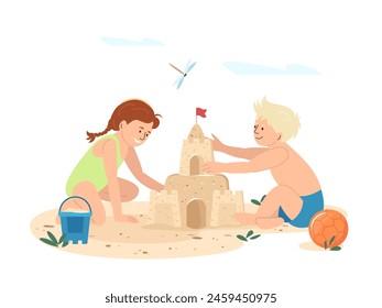 Happy children playing on seashore sand beach isolated flat vector illustration. Cartoon kids building sand castle together. Summer activity and childhood concept. Boy and girl enjoying seaside rest.