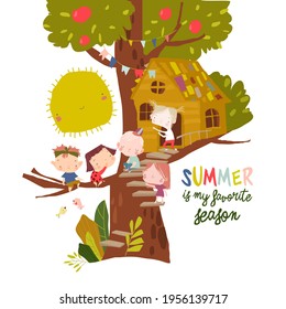 Happy Children playing on Treehouse on white background