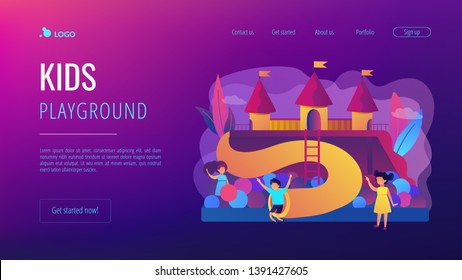 Happy children playing outdoors on playground with slides, balls and tubes, tiny people. Kids playground, kids zone, playground for rent concept. Website homepage landing web page template.