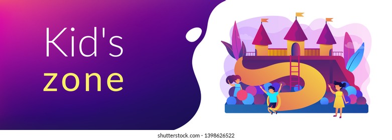 Happy children playing outdoors on playground with slides, balls and tubes, tiny people. Kids playground, kids zone, playground for rent concept. Header or footer banner template with copy space.