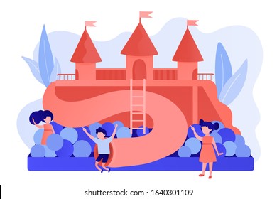 Happy children playing outdoors on playground with slides, balls and tubes, tiny people. Kids playground, kids zone, playground for rent concept. Pinkish coral bluevector isolated illustration