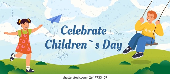 Happy children playing outdoors with a paper plane, butterflies, and blue sky, in a cheerful cartoon style on a bright grassy landscape. Concept of Children s Day. Vector illustration