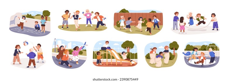 Happy children playing outside. Kids friends, girls and boys during active games, fun, activities, entertainments outdoors at childs playground. Flat vector illustrations isolated on white background