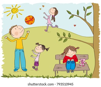 Happy children playing outside in the park, daddy and his daughter playing with ball, happy girl chasing butterflies and one girl is sitting on the bench under the tree - original hand drawn illustrat