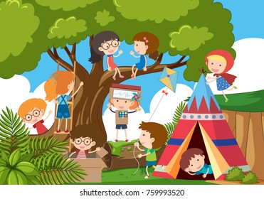 Happy children playing in the park illustration