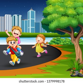 Happy children playing in the park road