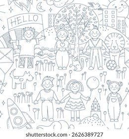 Happy children playing in the park with various elements and symbols Doodle background