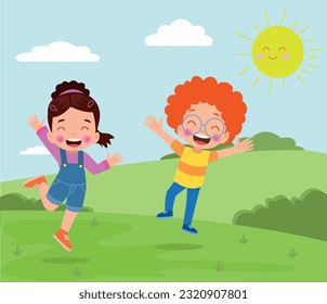 Happy children playing in the park. Vector illustration in cartoon style.