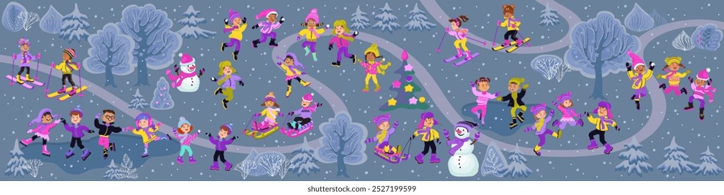 Happy children playing in the park. Winter forest. Cartoon map. Kids go sledding, skating, skiing, playing snowball. Lots of kids in the park. Vector flat illustration.