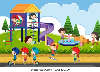 Happy Children Playing Playground Illustration Stock Vector (Royalty ...