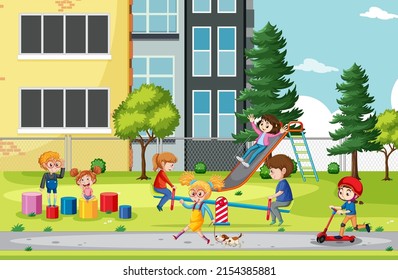 Happy children playing at playground illustration