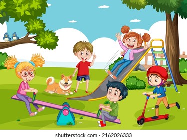 Happy children playing at playground illustration